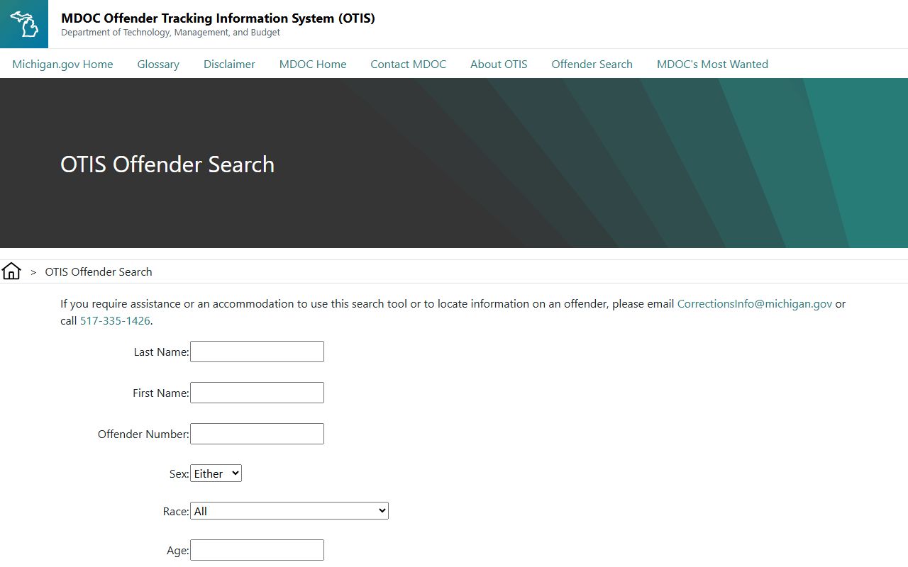 MDOC OTIS search fields for Michigan inmate search