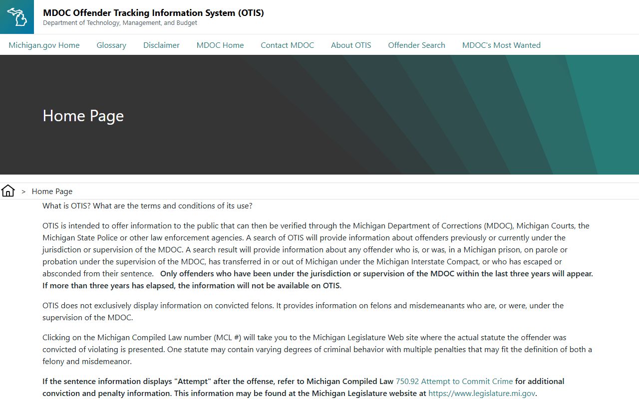 OTIS terms page for Michigan inmate records