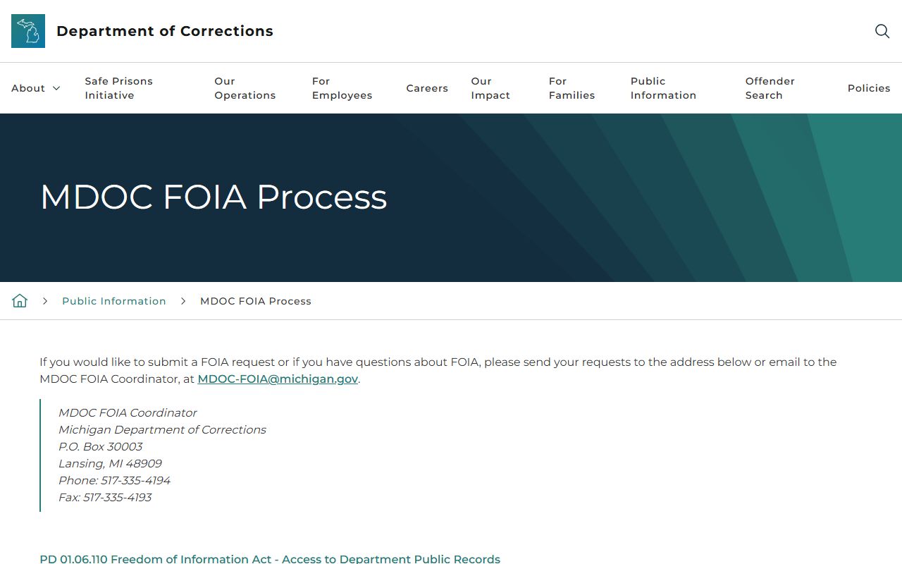 MDOC FOIA process for Michigan inmate records