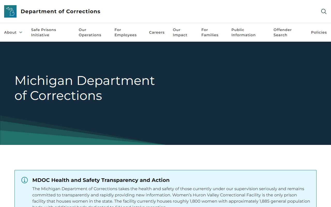 Michigan Department of Corrections homepage for Michigan inmate population searches