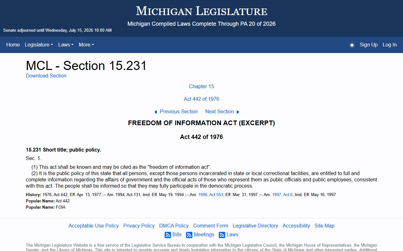 Michigan FOIA statute for inmate records and public records