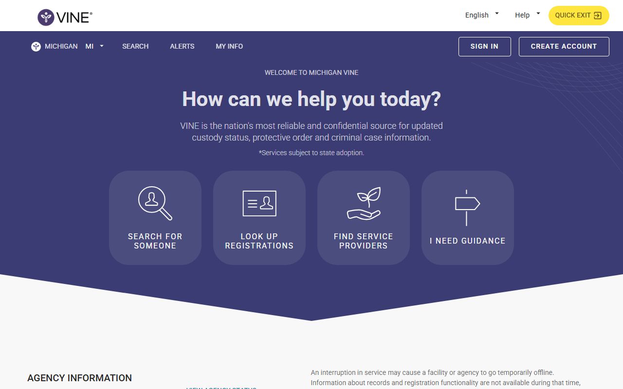 Michigan VINELink custody notification page for inmate population searches